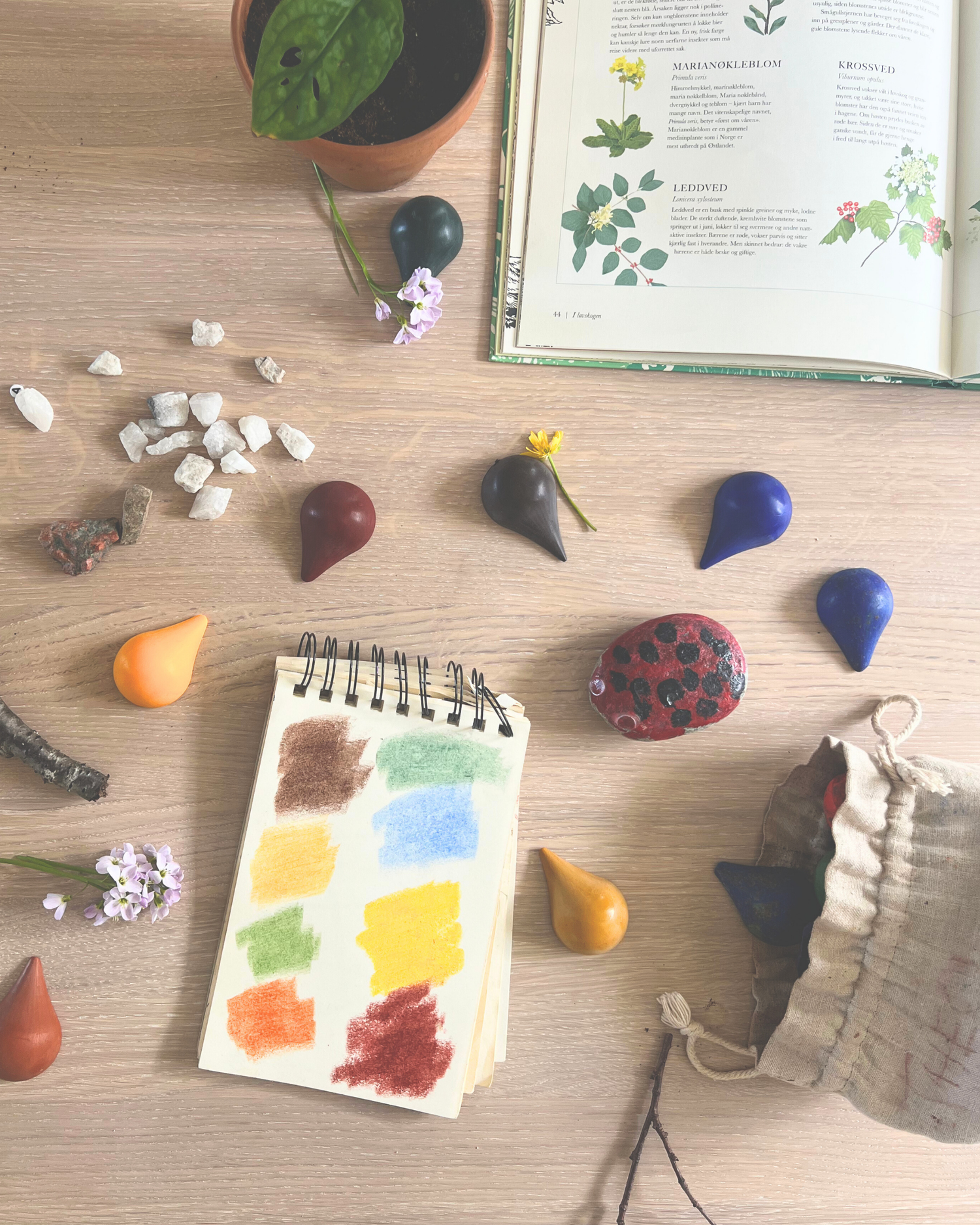 colouring book, crayon bag and a box of Scandinavian crayon beeswax crayons laid out 